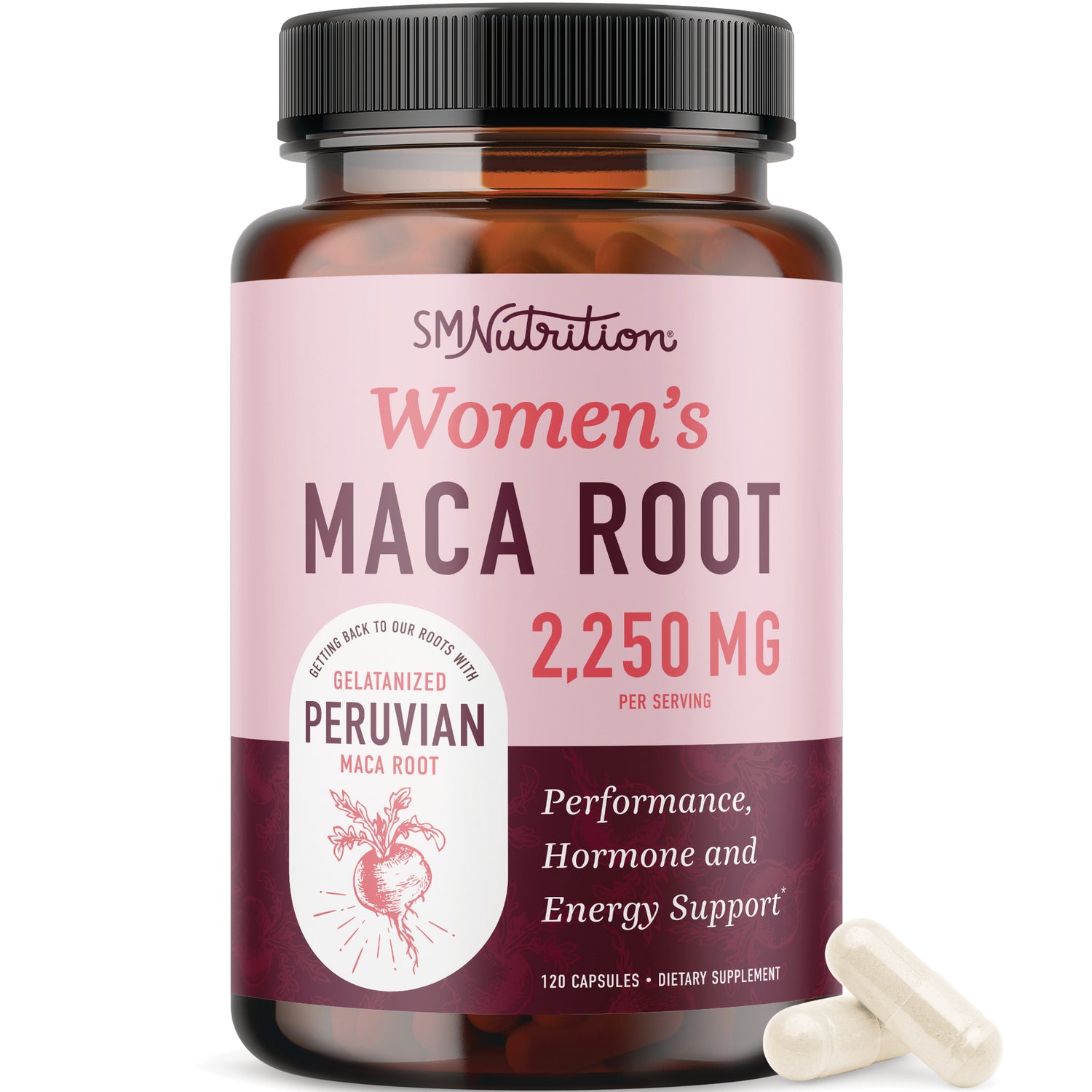 SMT010 | SMNutrition Womens Maca Root 2,250 mg per serving, 120 capsules dietary supplement bottle