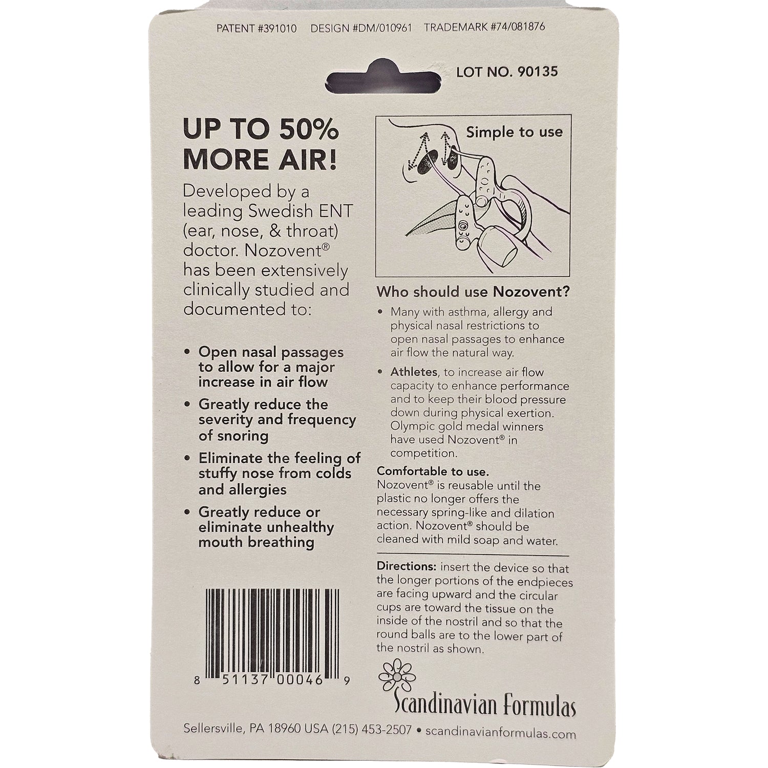 SCD003 | back of Nozovent packaging showing usage instructions, benefits, barcode and Scandinavian Formulas logo