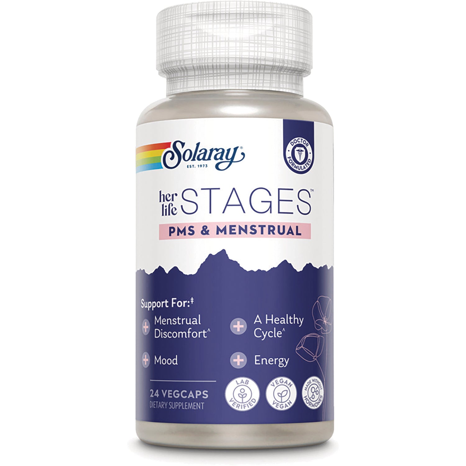 SLR499 | Solaray her life STAGES PMS & MENSTRUAL dietary supplement bottle front label showing 24 vegcaps
