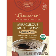 TCN038 | Teeccino Mushroom Herbal Tea Miraculous Mushrooms box, Adapt & Protect, USDA Organic, 10 tea bags, 2.12 oz