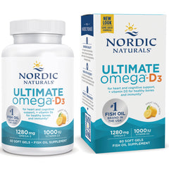 NRN033 | Nordic Naturals Ultimate omega-D3 bottle and box, 1280 mg omega-3 and 1000 IU vitamin D3, lemon flavor