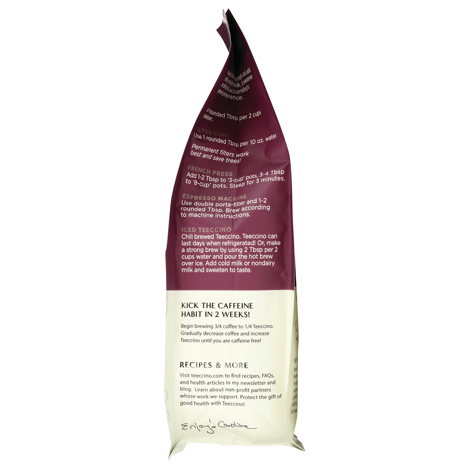TCN009 | Side panel with brewing instructions and 'Kick the caffeine habit in 2 weeks!' on Teeccino bag