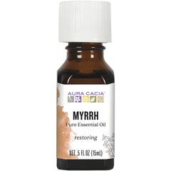 Aura Cacia MYRRH Pure Essential Oil 0.5 fl oz amber glass bottle with white cap labeled restoring