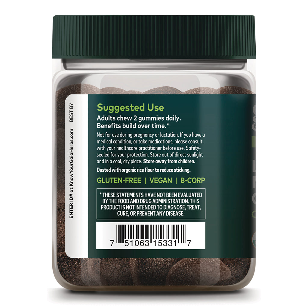 GH177 | Back label of dark green gummy jar showing suggested use text, gluten-free vegan B-Corp badges and barcode - Thumbnail