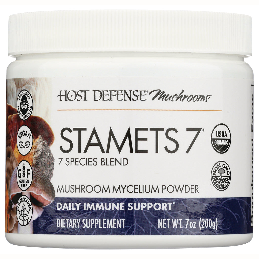 FUN048 | White jar labeled STAMETS 7 mushroom mycelium powder, 7 species blend, USDA Organic, net wt 7 oz - Thumbnail