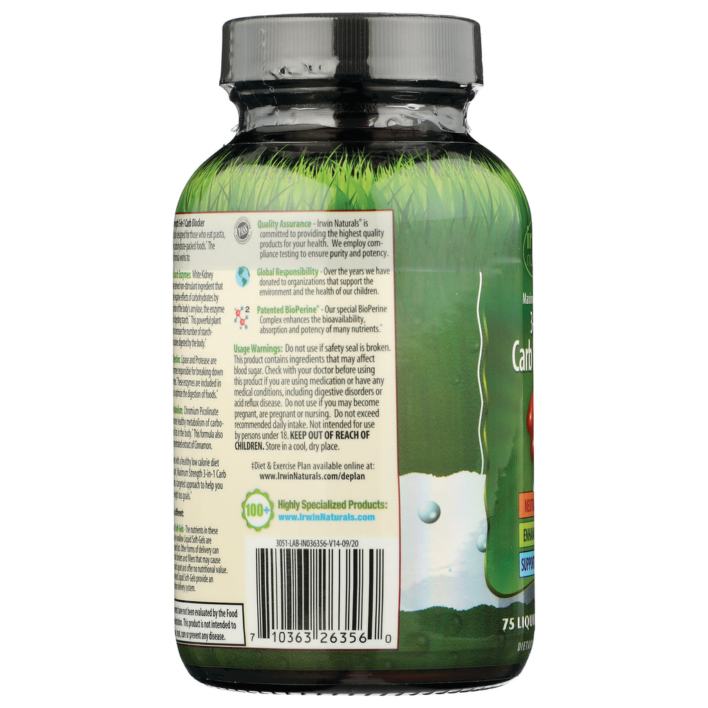 IR075 | Back label of green supplement bottle showing usage warnings, barcode, and product information - Thumbnail