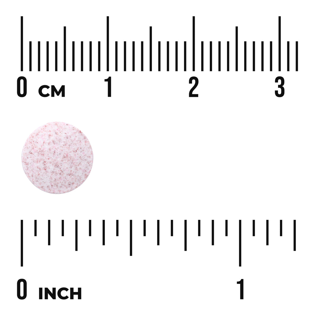 SWU869 | Pink speckled round tablet next to centimeter and inch rulers labeled "0 CM" and "0 INCH" showing size - Thumbnail