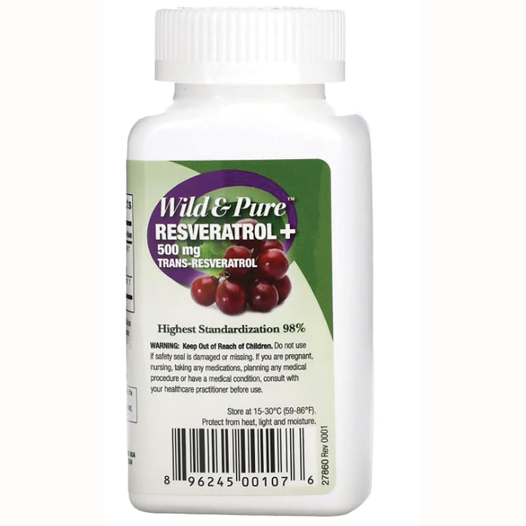 GNN017 | back label of white supplement bottle showing Wild & Pure Resveratrol+ 500 mg text, warning panel and barcode - Thumbnail