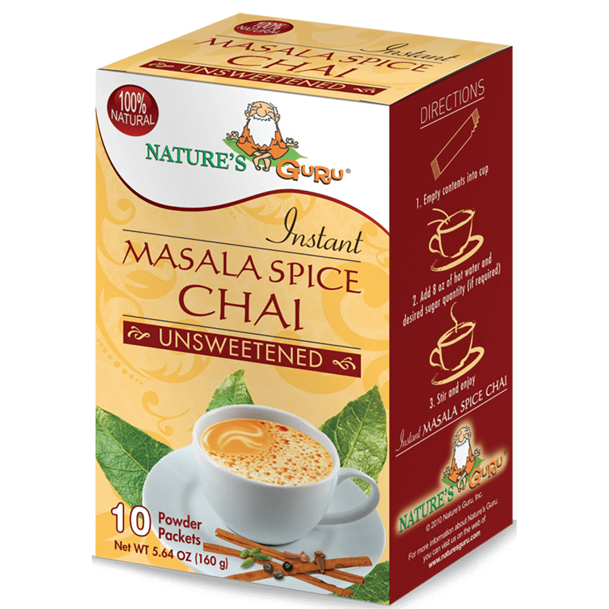 NSG005 | Nature's Guru Instant Masala Spice Chai unsweetened box with a cup of chai and cinnamon sticks