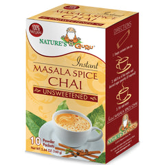NSG005 | Nature's Guru Instant Masala Spice Chai unsweetened box with a cup of chai and cinnamon sticks