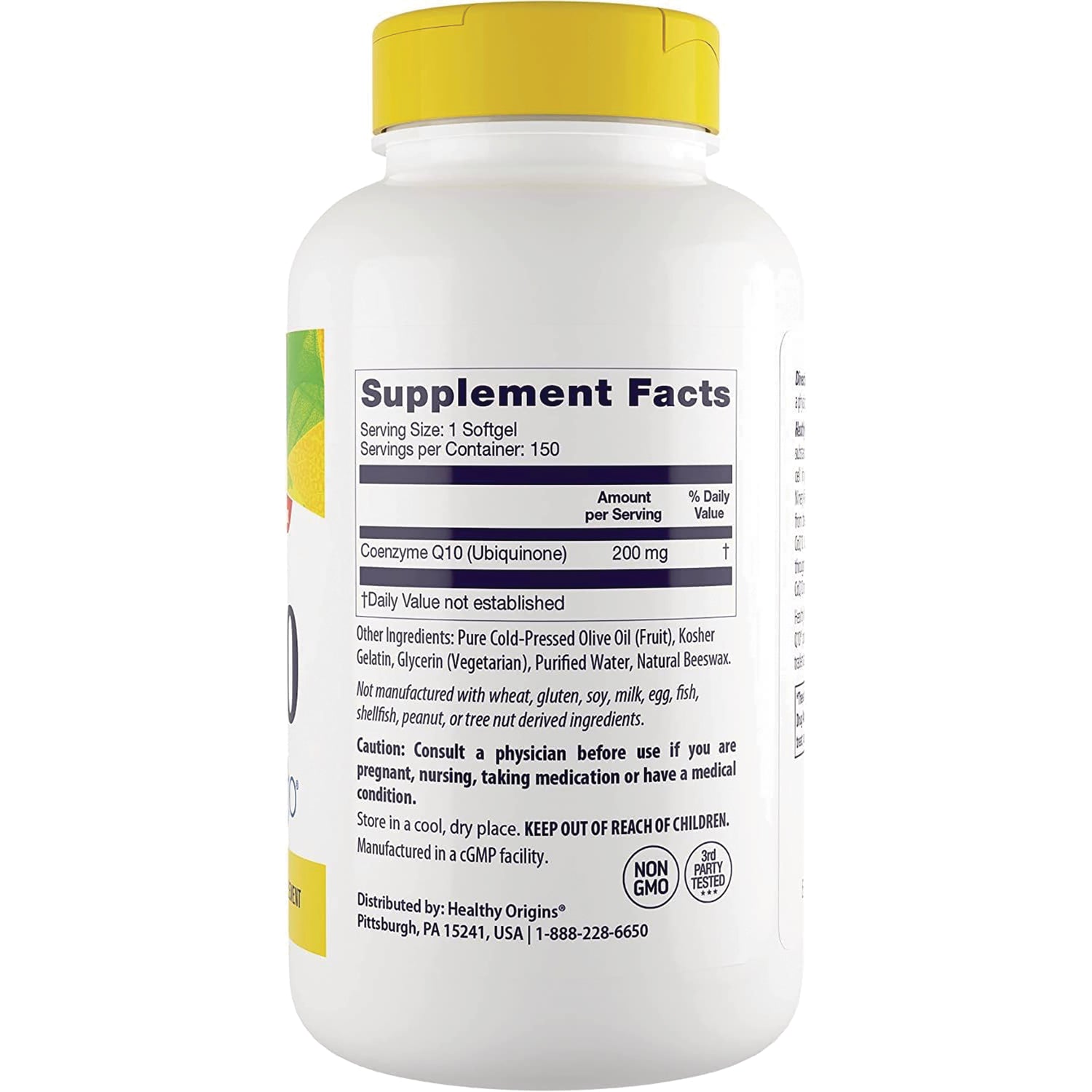 HRG054 | White supplement bottle back showing Supplement Facts panel listing Coenzyme Q10 (Ubiquinone) 200 mg and ingredient and caution text