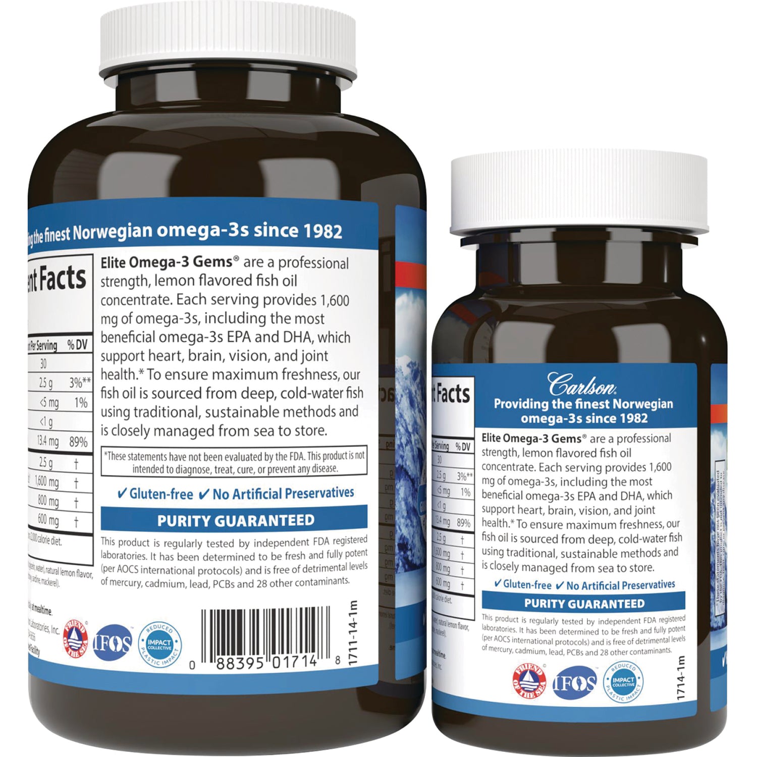CSN113 | Back label of two brown supplement bottles showing supplement facts, purity guaranteed, and gluten-free badge