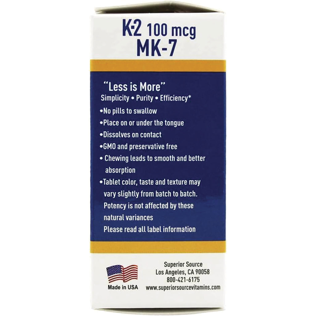 SUS020 | Back panel showing K2 100 mcg MK-7 benefits and 'Less is More' bullets, Made in USA, Superior Source info - Thumbnail