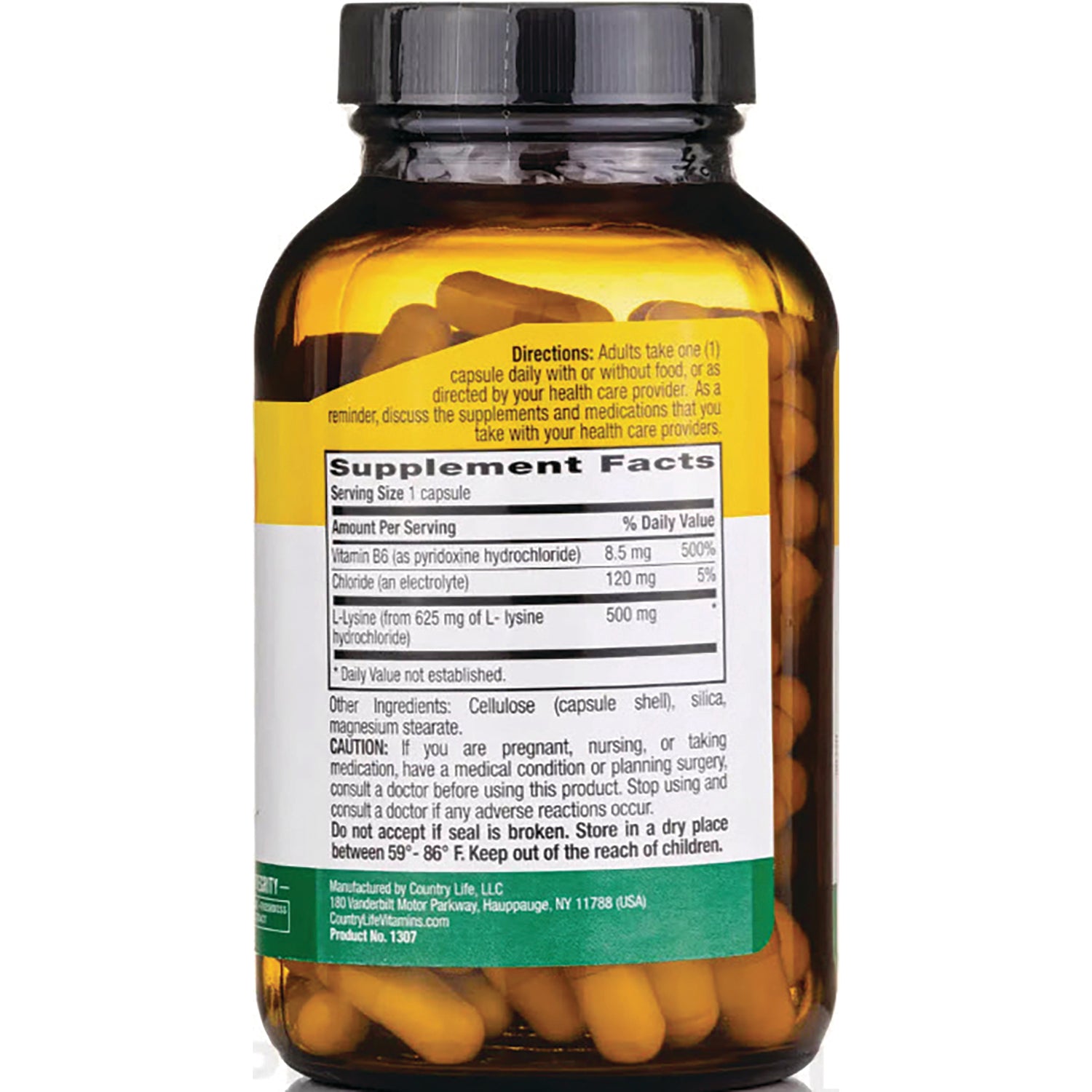 CRL079 | Back of amber supplement bottle showing Supplement Facts label and yellow capsules inside