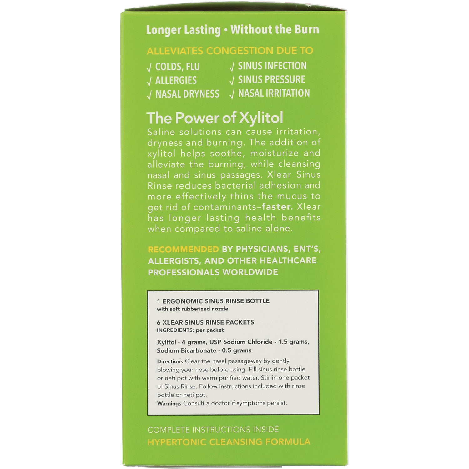 XL033 | Back of Xlear Sinus Rinse box showing benefits, The Power of Xylitol, ingredients, directions, and warnings