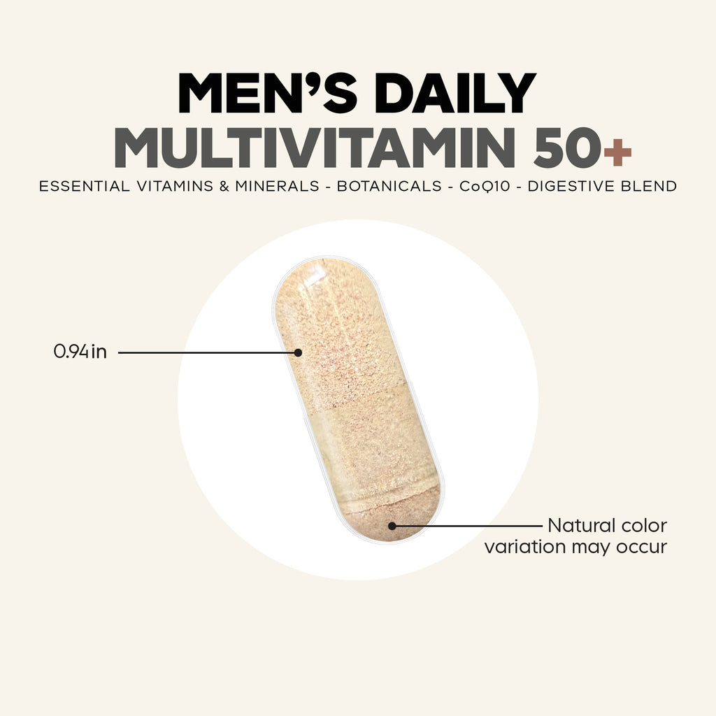 CDG058 | Men's Daily Multivitamin 50+ capsule with size and color variation callouts - Thumbnail