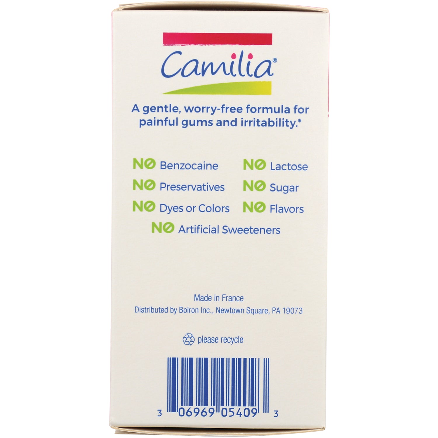 BRN050 | Camilia back panel listing No benzocaine, preservatives, dyes or colors, artificial sweeteners, lactose, sugar, flavors