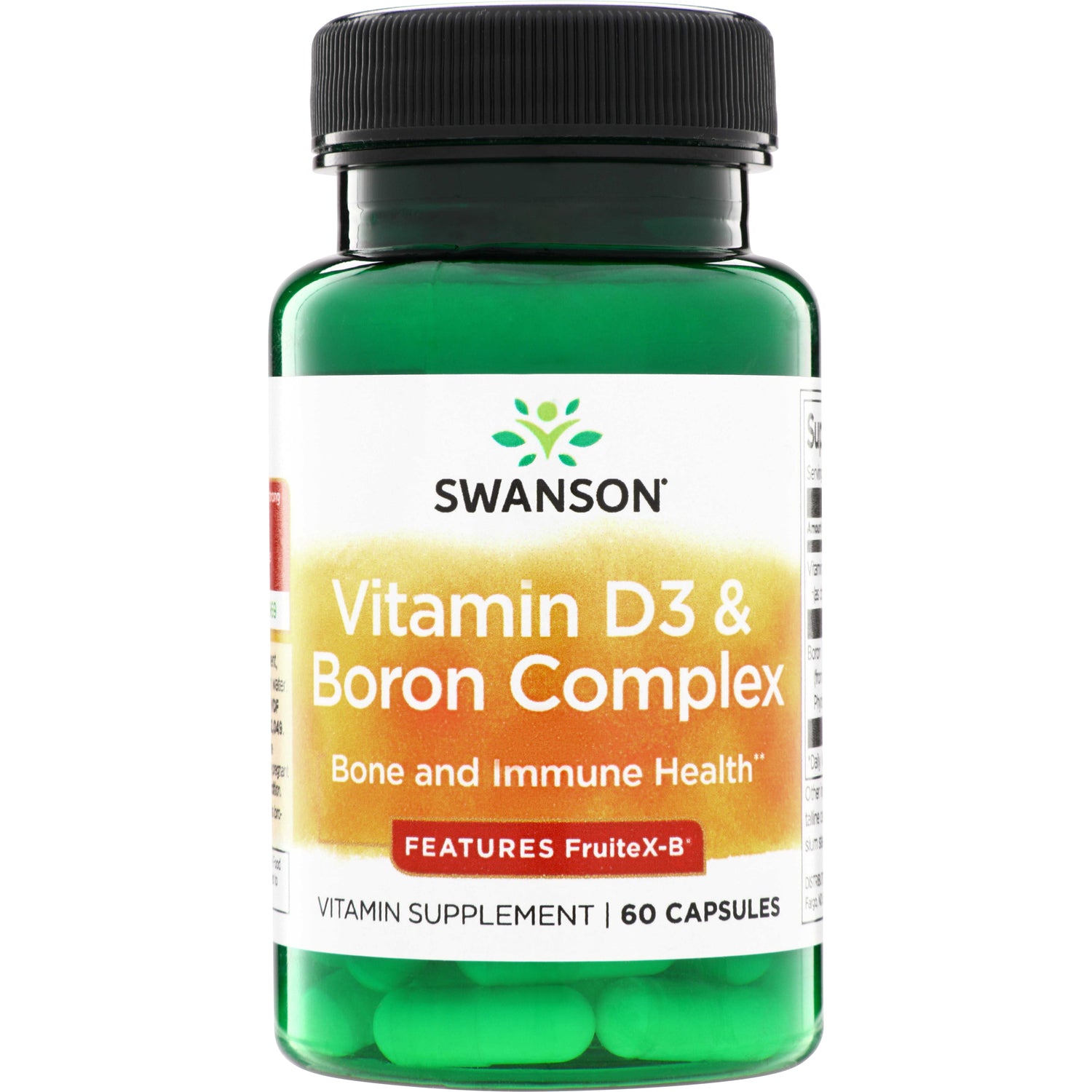 SWU212 | Swanson Vitamin D3 & Boron Complex bottle front, Bone and Immune Health, Features FruiteX-B, 60 capsules