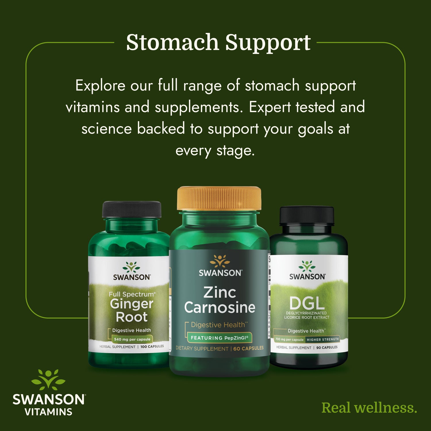 SWU281 | Swanson Vitamins digestive health supplements for stomach support with three bottles