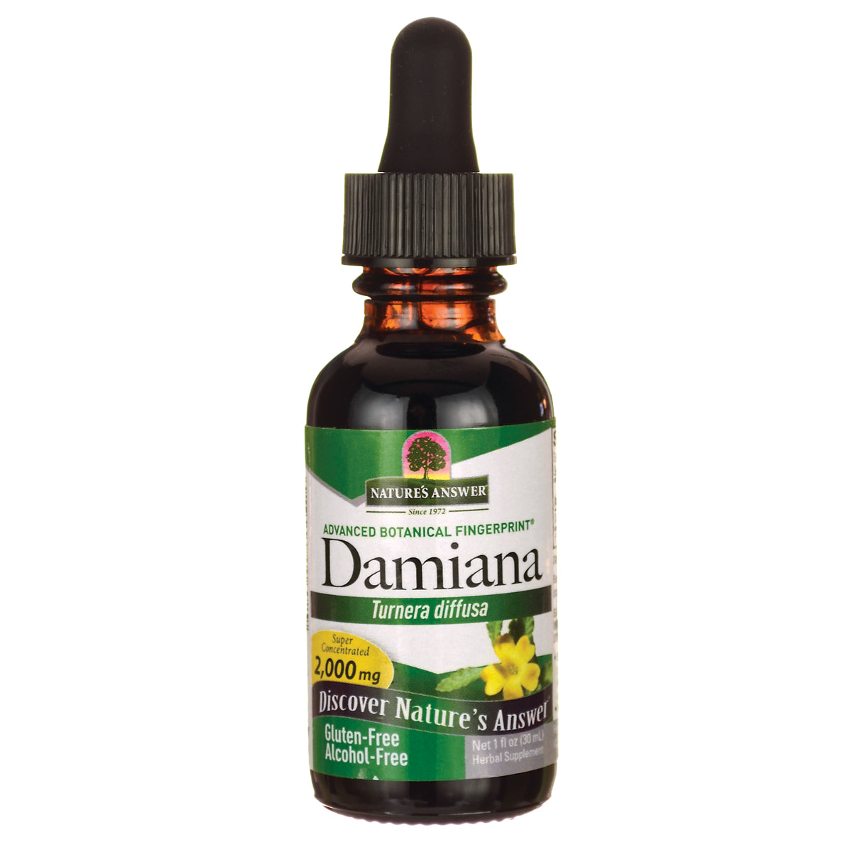 NAT126 | Amber dropper bottle of Nature's Answer Damiana (Turnera diffusa) herbal supplement, 2,000 mg gluten-free alcohol-free