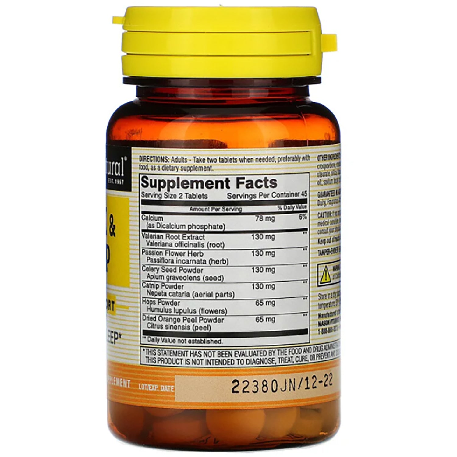 MSN047 | Back of amber supplement bottle showing Supplement Facts panel and lot 22380JN/12-22