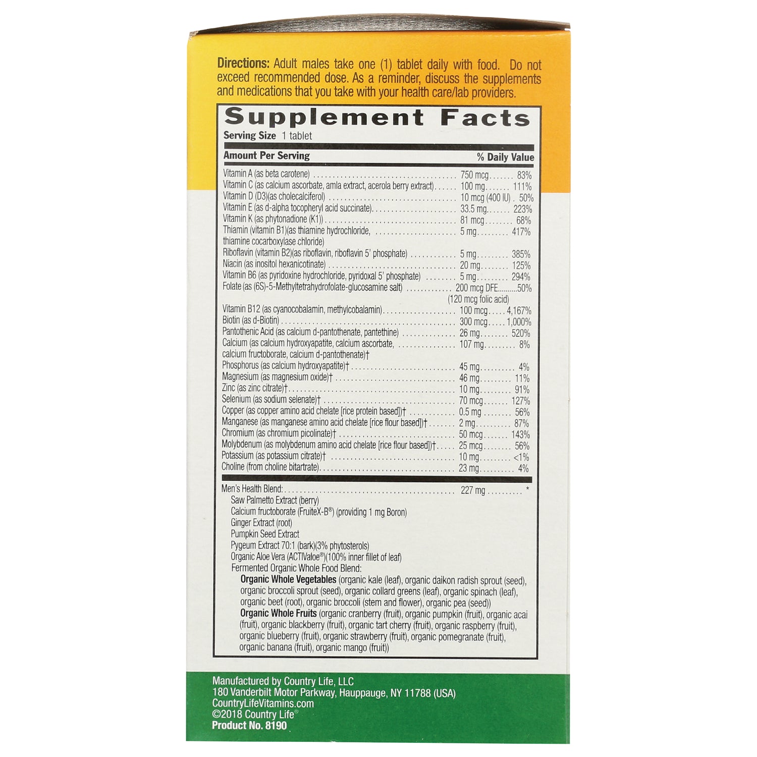 CRL527 | Supplement facts panel and directions on back of supplement box showing vitamins, minerals, and ingredient list