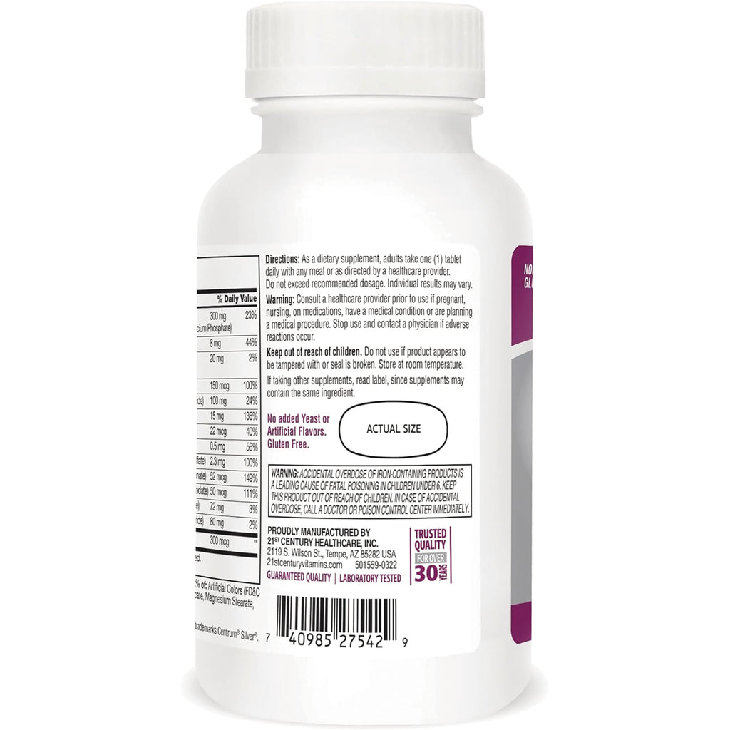 CNT282 | Back label of white supplement bottle showing nutrition facts, warnings, barcode and oval labeled ACTUAL SIZE - Thumbnail