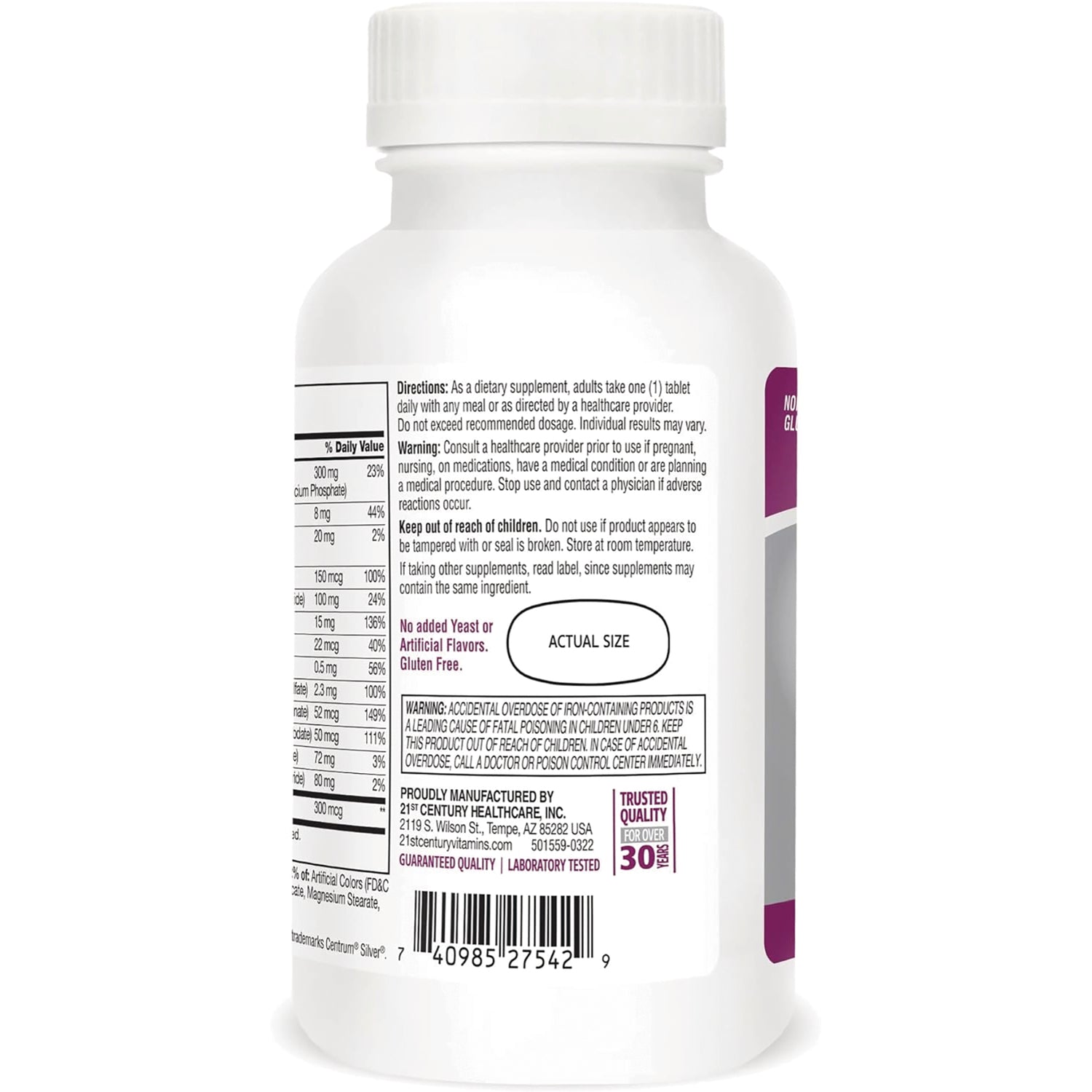 CNT282 | Back label of white supplement bottle showing nutrition facts, warnings, barcode and oval labeled ACTUAL SIZE