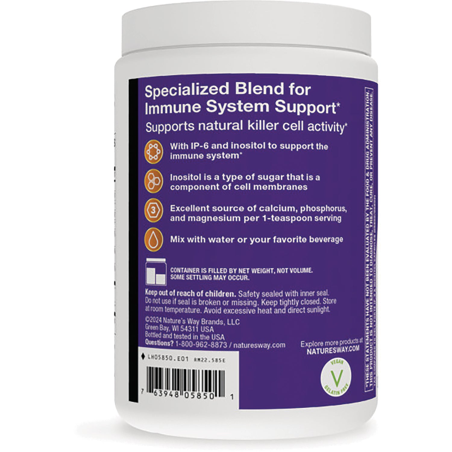 ET226 | Back of white supplement jar with purple label listing immune support benefits, usage directions, barcode and warnings