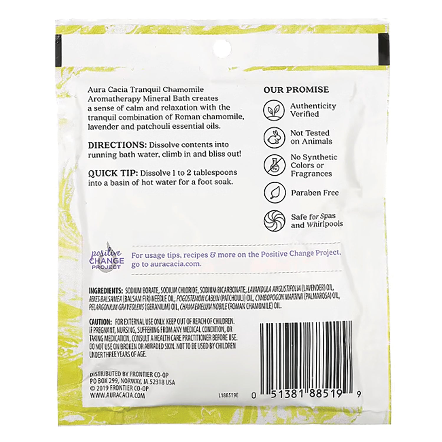 ARC049 | Back of Aura Cacia Tranquil Chamomile aromatherapy mineral bath pouch showing directions, ingredients and barcode