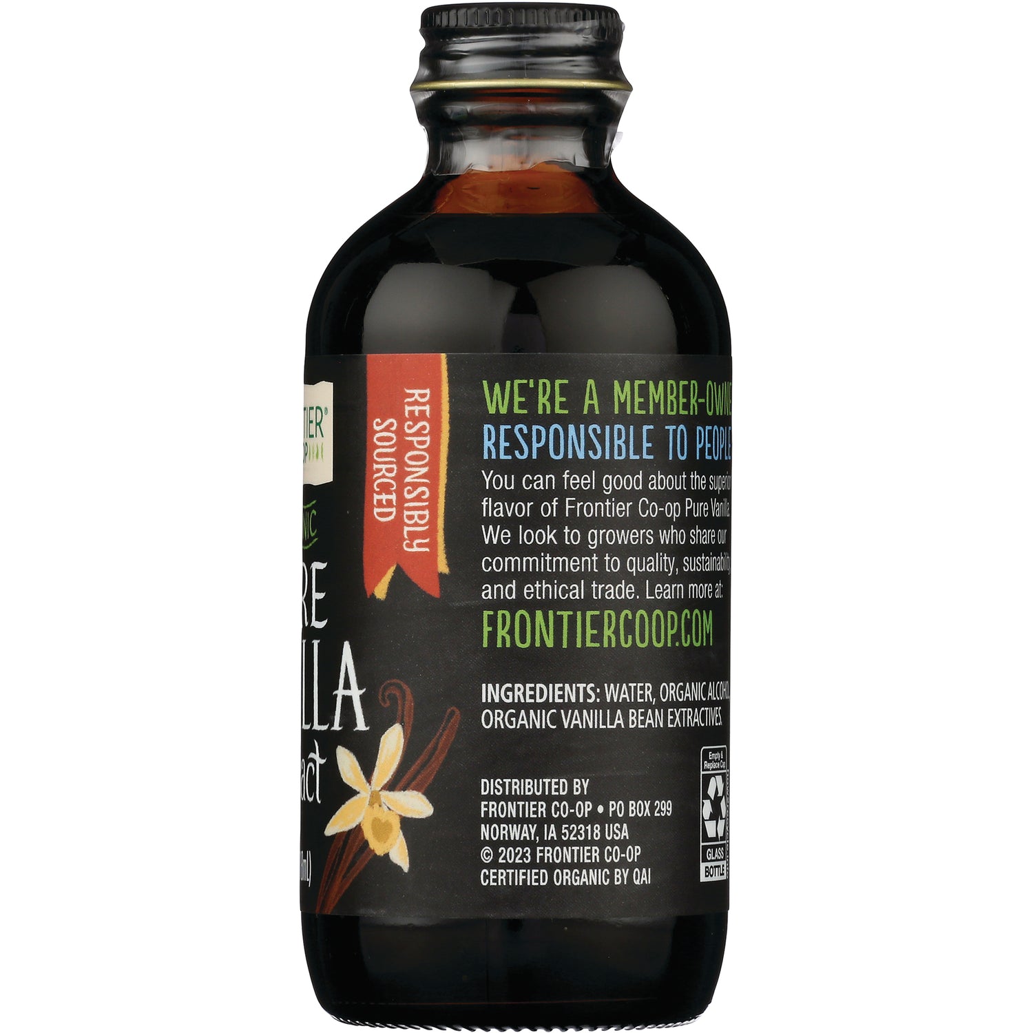 FNP049 | Back label of dark glass bottle showing ingredients, distributor information, and FRONTIERCOOP.COM