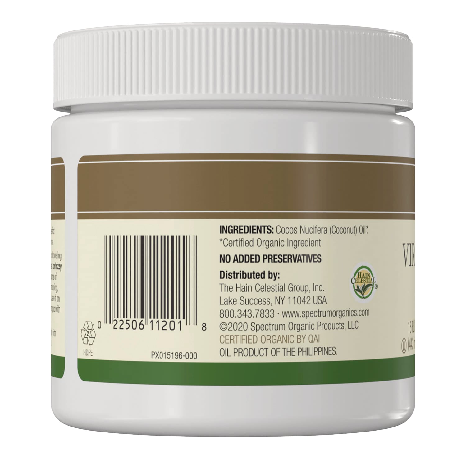 SP033 | Back label of coconut oil jar showing ingredients, barcode, and distributor info