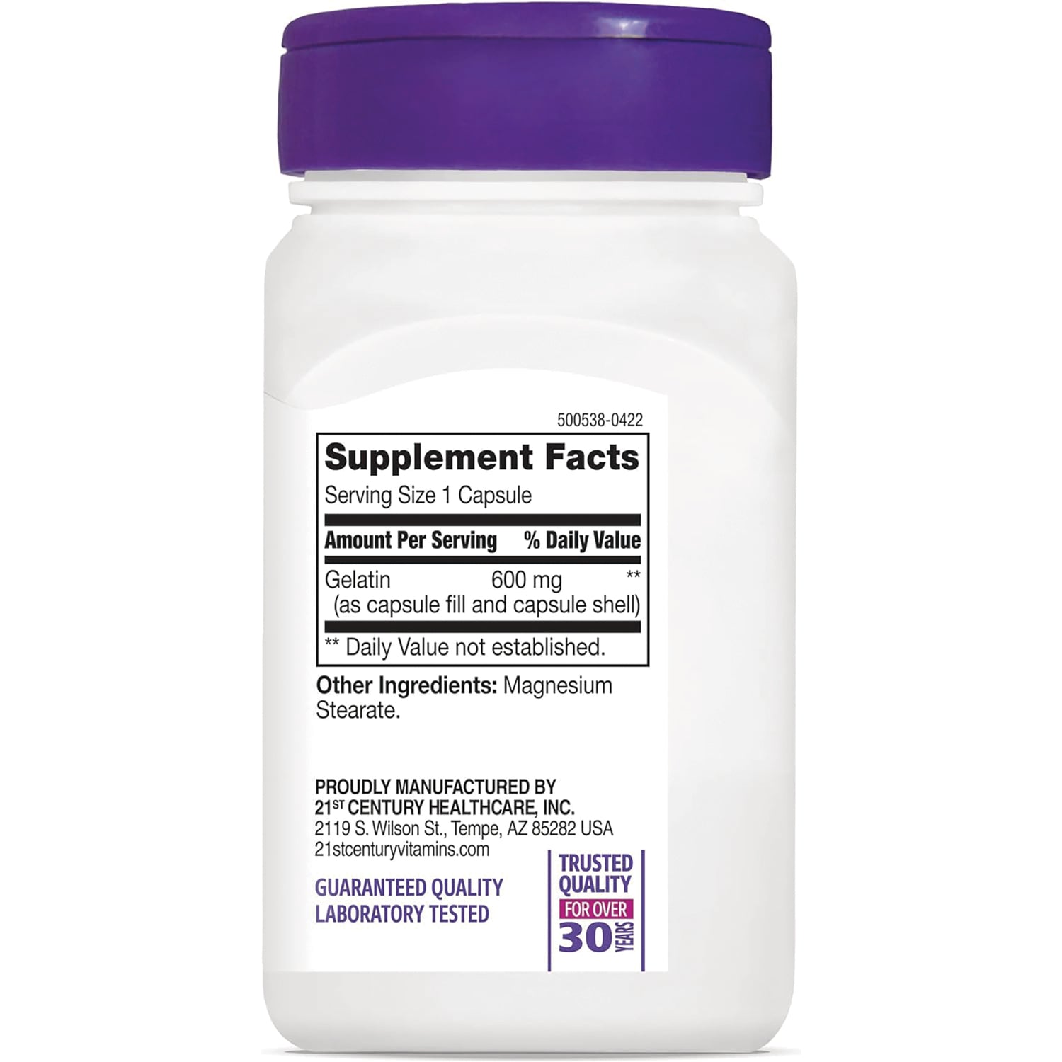 CNT056 | back label showing Supplement Facts Serving Size 1 Capsule, Gelatin 600 mg, other ingredients Magnesium Stearate