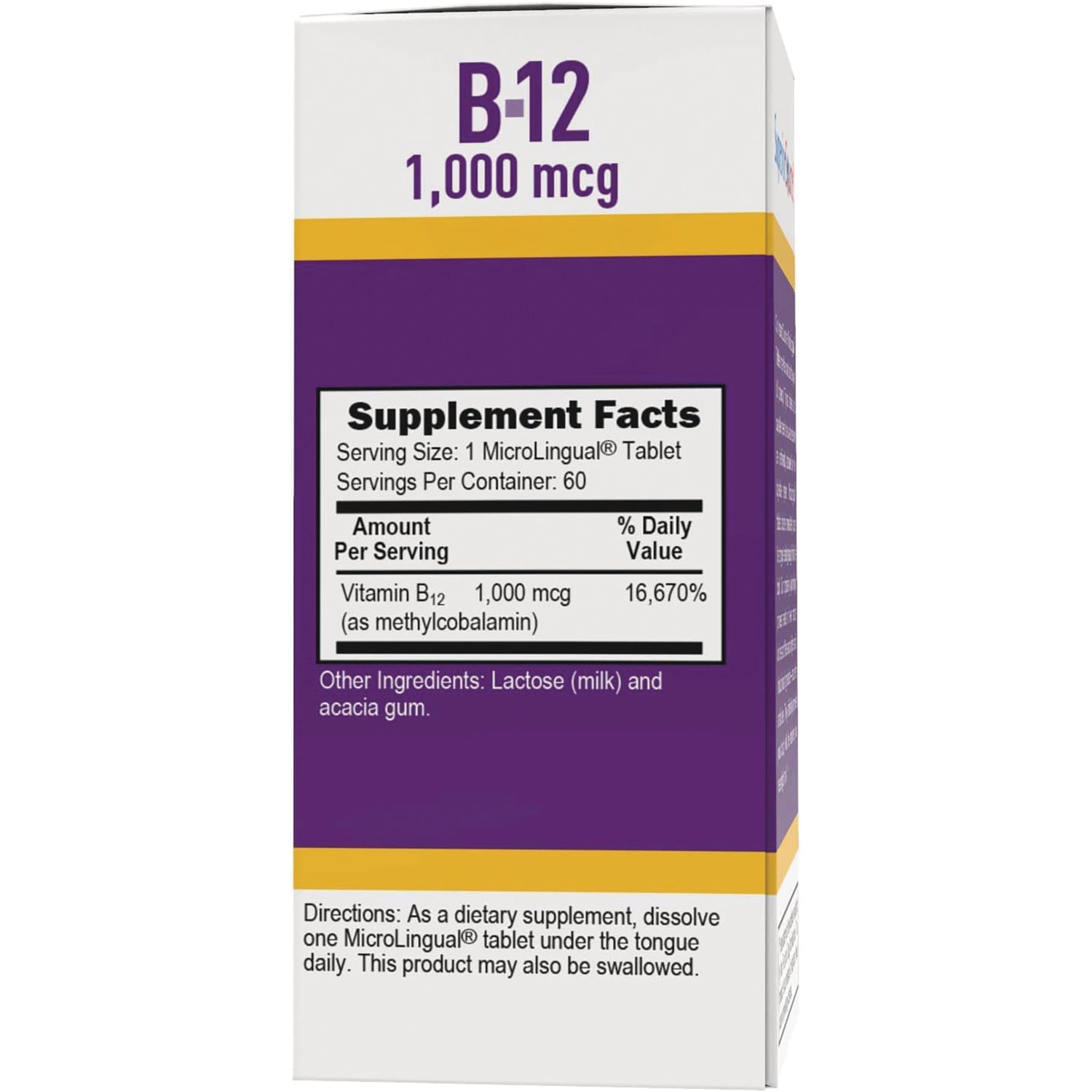 SUS005 | B-12 1,000 mcg supplement facts and directions panel
