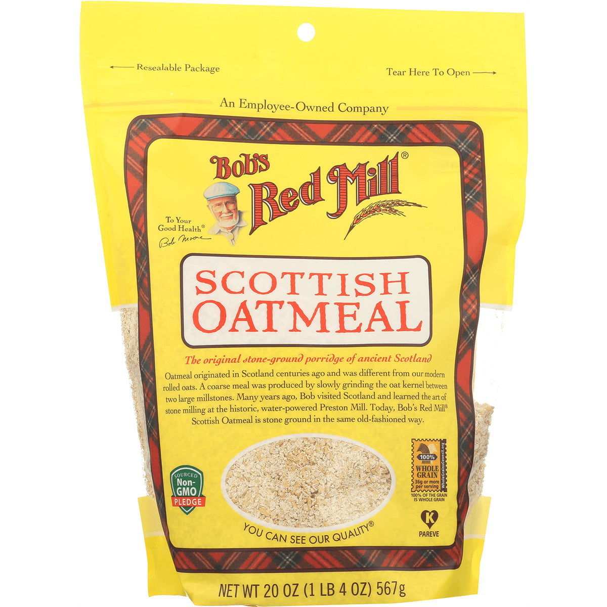 BOB317 | Bob's Red Mill Scottish Oatmeal yellow resealable pouch with clear window showing oats, net wt 20 oz