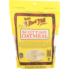 BOB317 | Bob's Red Mill Scottish Oatmeal yellow resealable pouch with clear window showing oats, net wt 20 oz