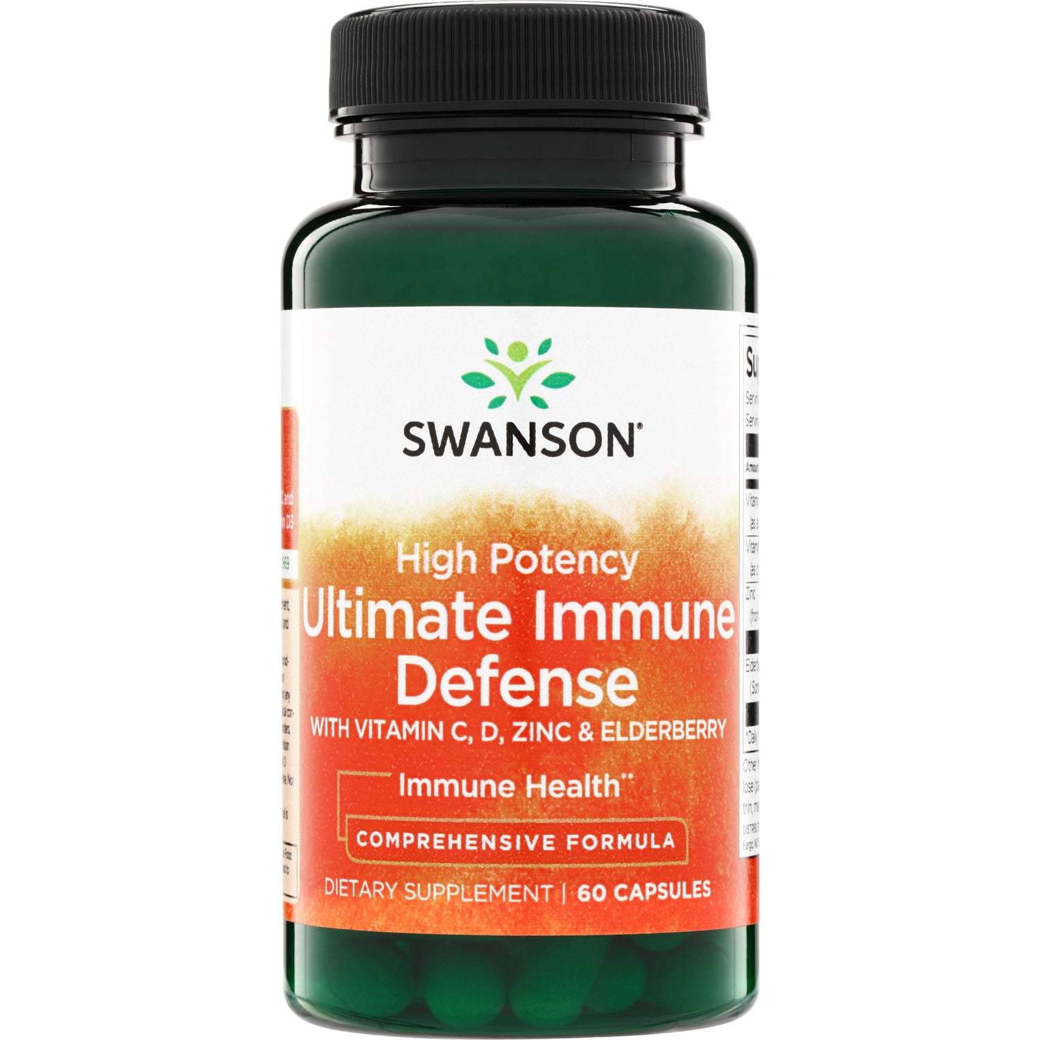 SW1812 | Swanson High Potency Ultimate Immune Defense supplement bottle, with Vitamin C, D, Zinc & Elderberry, 60 capsules