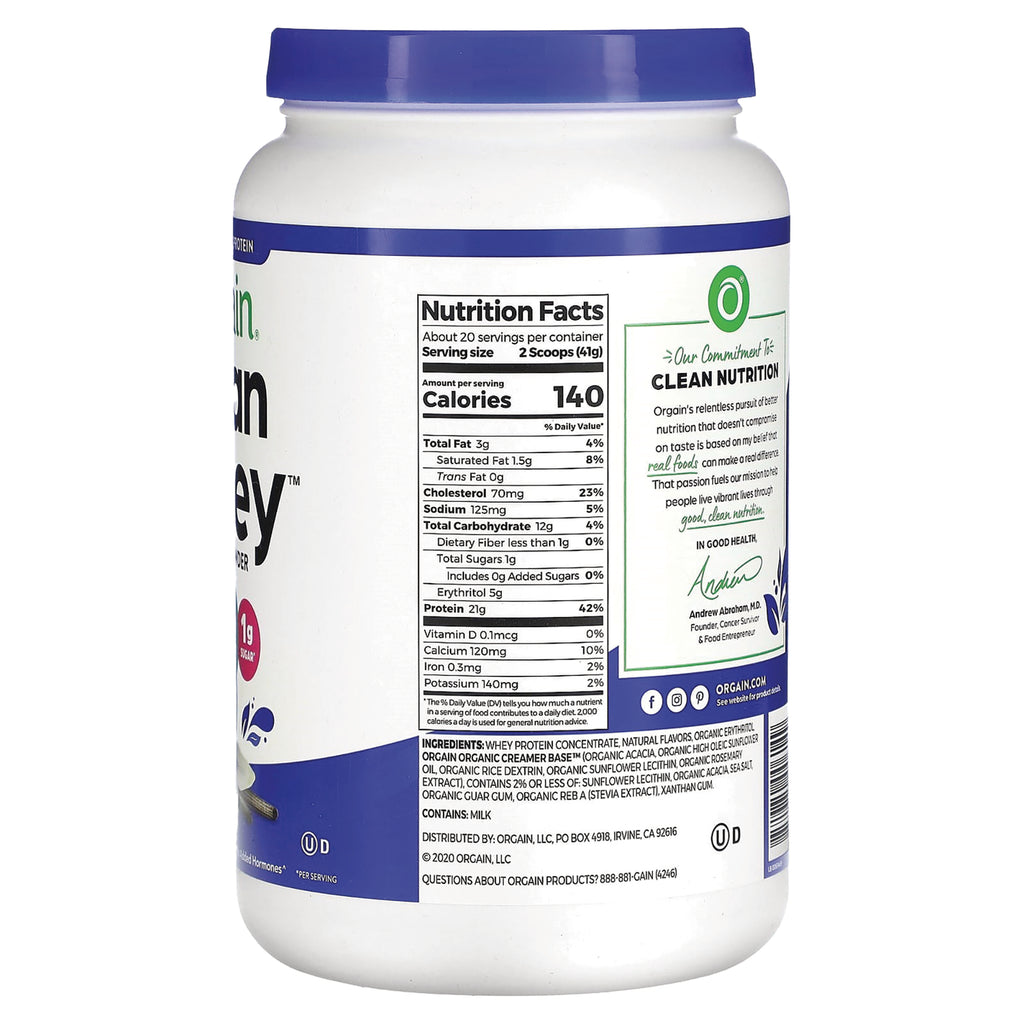 OGN007 | Back of white protein powder jar with blue lid showing Nutrition Facts panel, ingredients, and brand commitment label - Thumbnail