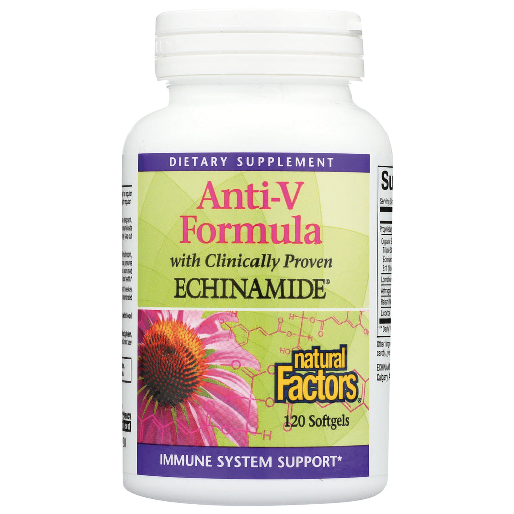 NFC105 | Bottle labeled Anti-V Formula ECHINAMIDE natural Factors 120 Softgels front - Thumbnail