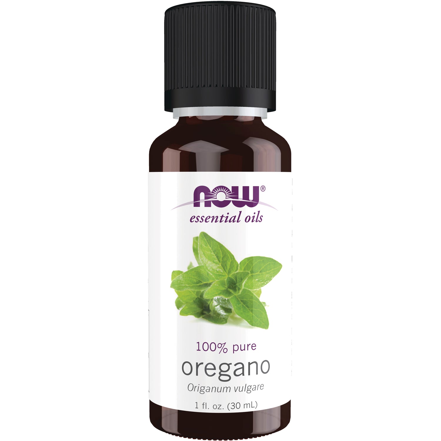 NWF198 | Brown glass bottle of NOW essential oils 100% pure oregano 1 fl. oz front label