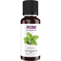 NWF198 | Brown glass bottle of NOW essential oils 100% pure oregano 1 fl. oz front label