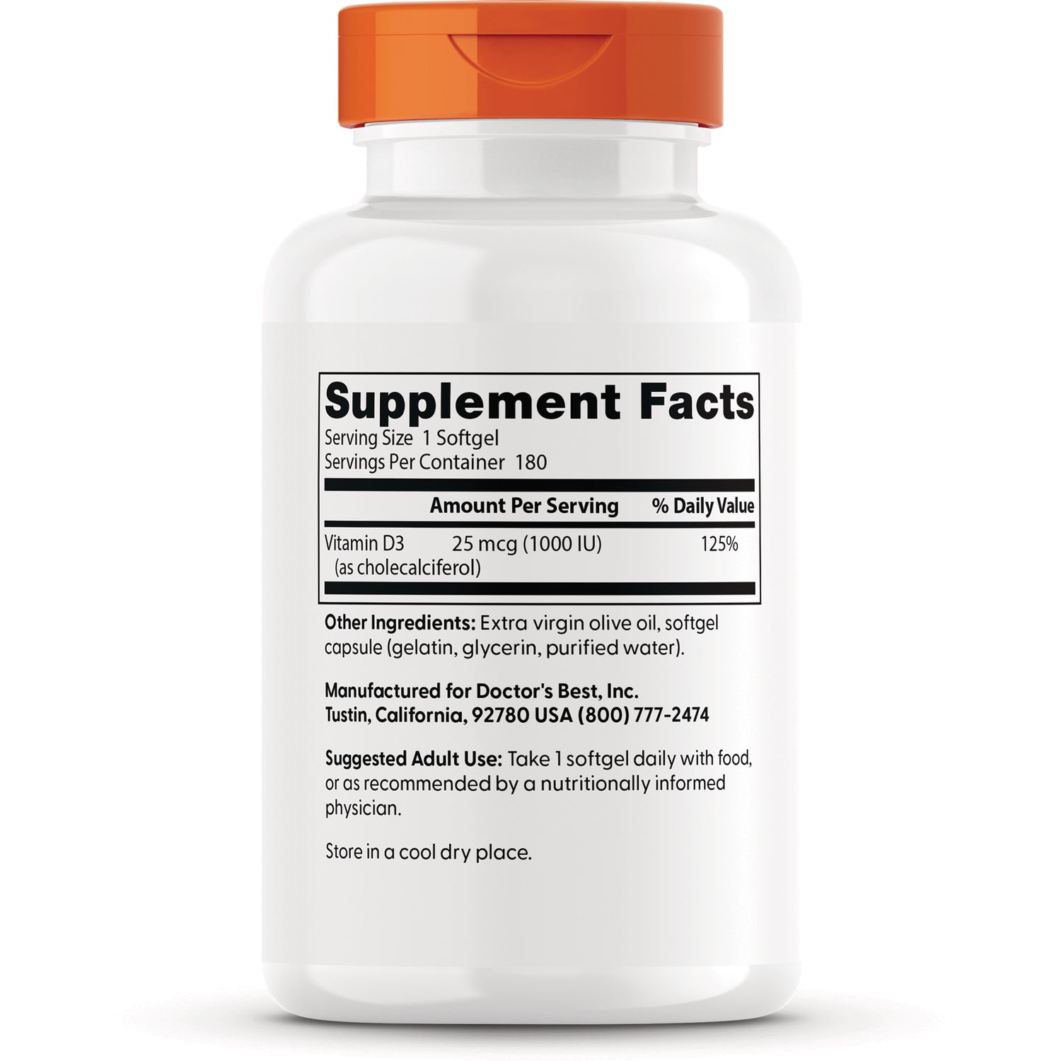 DB149 | back label with Supplement Facts showing Vitamin D3 25 mcg (1000 IU), other ingredients and suggested use