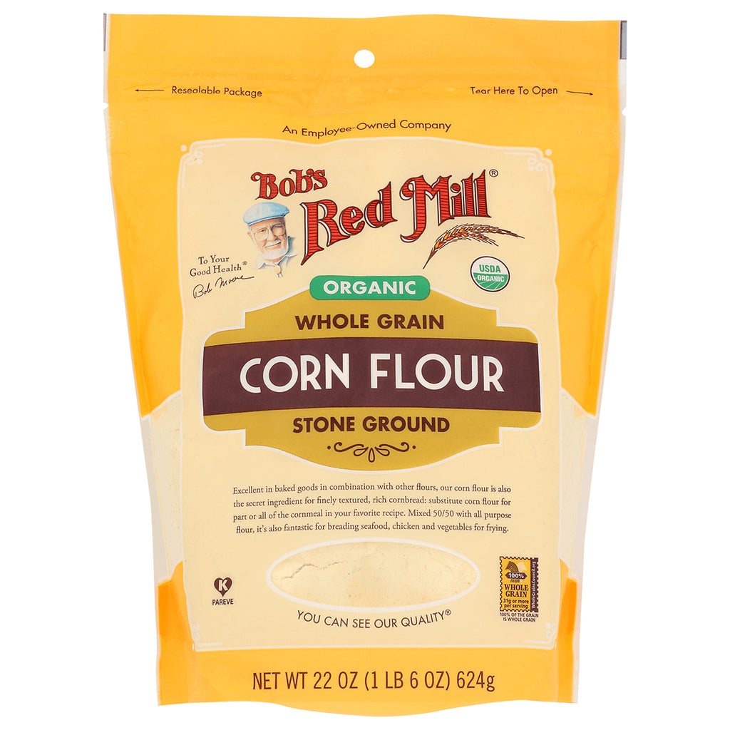 BOB298 | Bob's Red Mill organic whole grain corn flour stone ground pouch front showing 22 oz label - Thumbnail