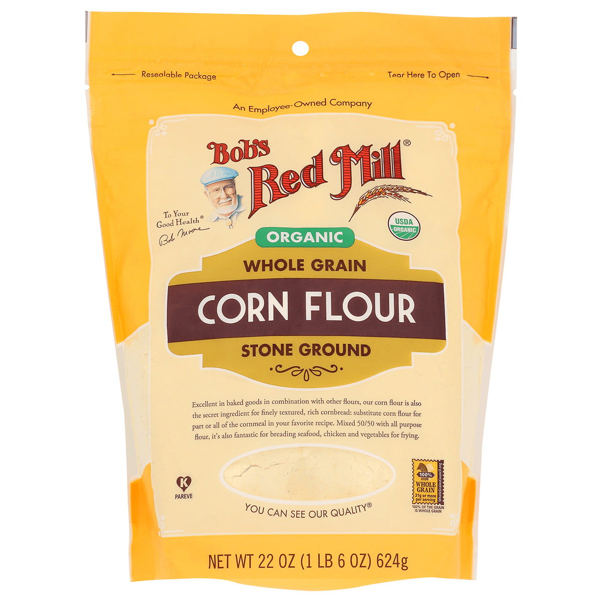 BOB298 | Bob's Red Mill organic whole grain corn flour stone ground pouch front showing 22 oz label