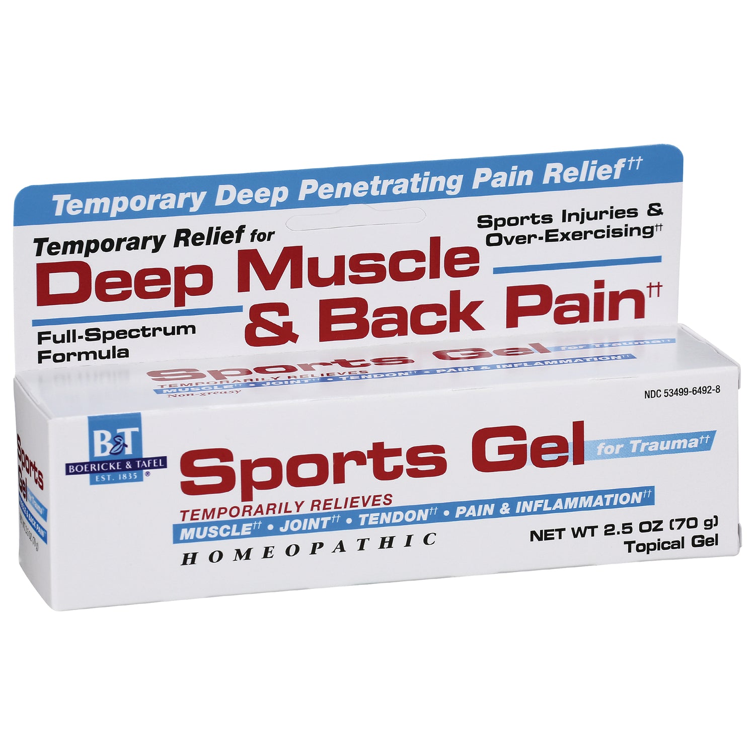 BRK013 | Front packaging of Sports Gel topical box labeled Deep Muscle & Back Pain, homeopathic, net wt 2.5 oz