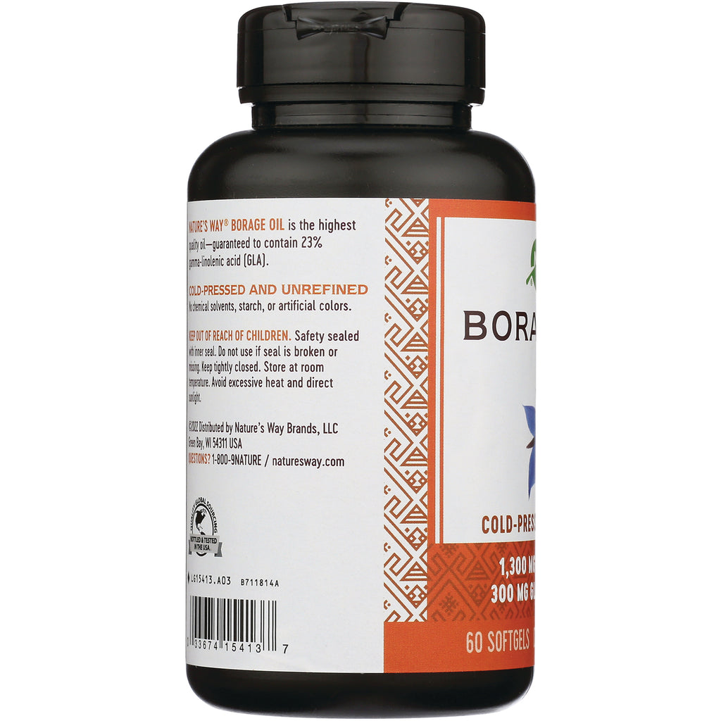 NW606 | side label of supplement bottle showing cold-pressed borage oil text, safety warnings and barcode - Thumbnail