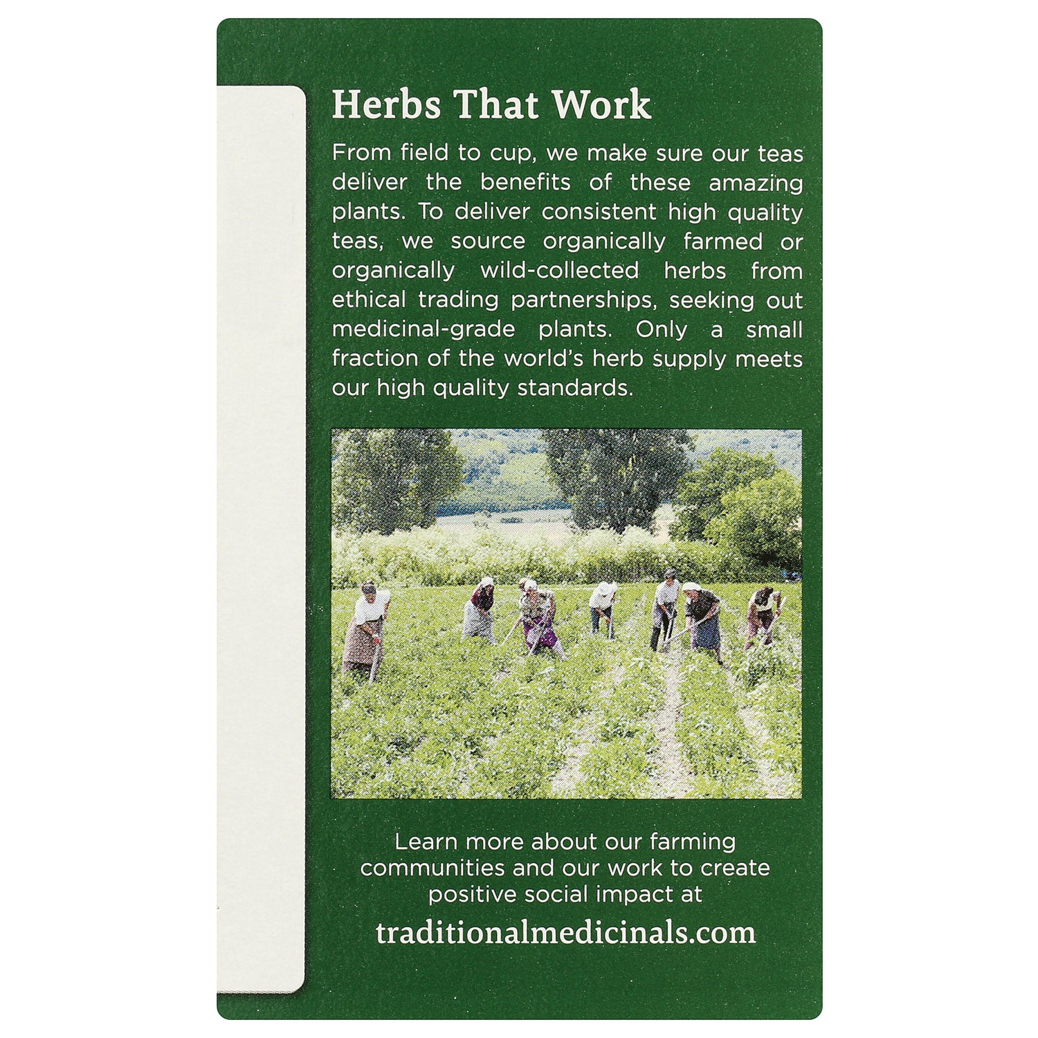 TMD051 | Herbs That Work panel with photo of farmers in a field and text on ethical sourcing, traditionalmedicinals.com