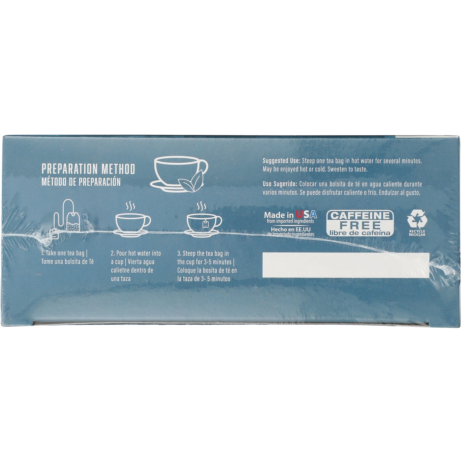 BNN061 | Back of teal tea box showing preparation method icons, brewing instructions, Made in USA and CAFFEINE FREE label