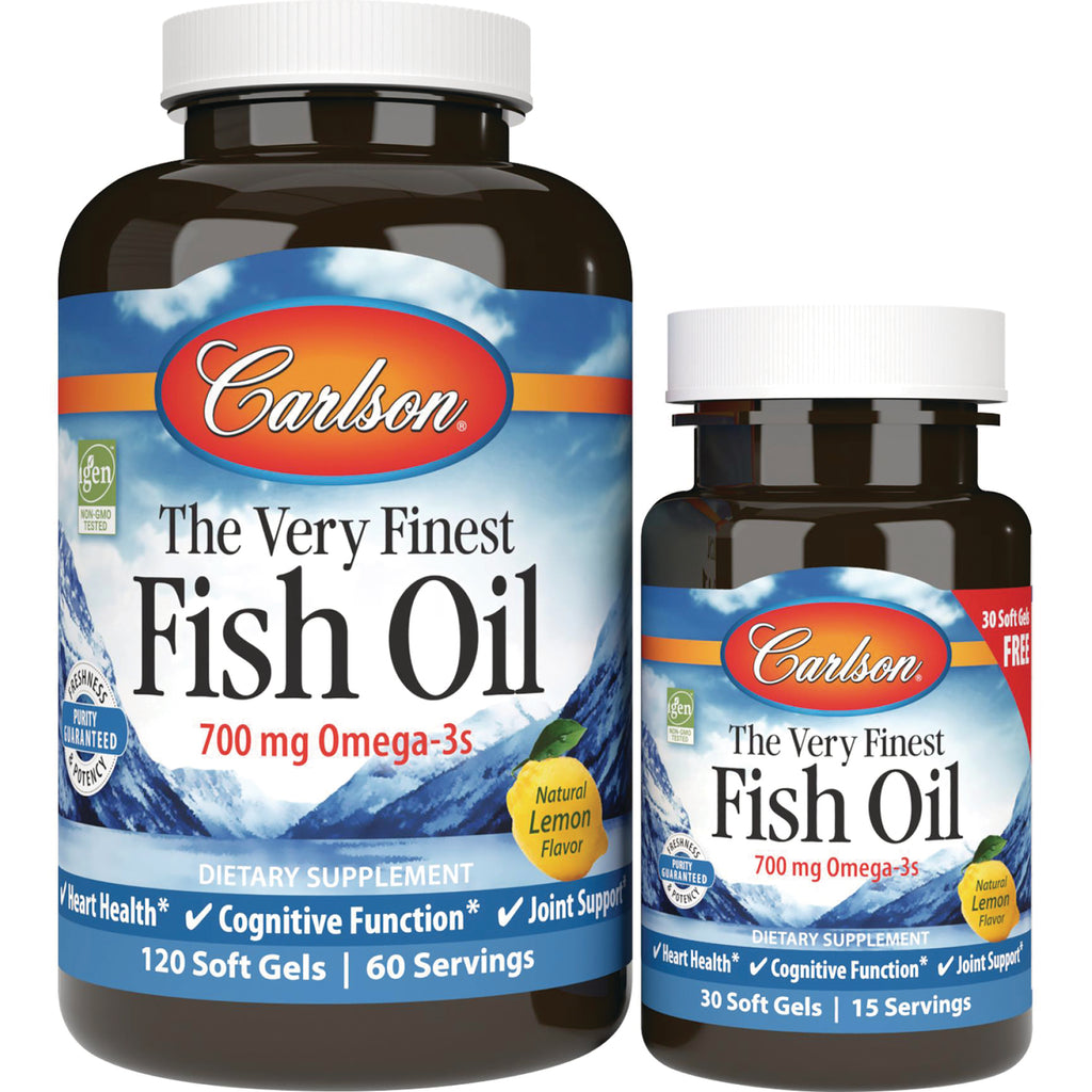 CSN148 | Two Carlson fish oil bottles front view, 700 mg Omega-3s, natural lemon flavor, 120 and 30 soft gels - Thumbnail