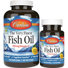 CSN148 | Two Carlson fish oil bottles front view, 700 mg Omega-3s, natural lemon flavor, 120 and 30 soft gels